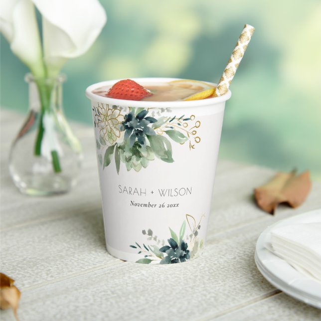 Elegante dusky Blue Green Succulent Foliage Weddin Pappbecher (In Situ)