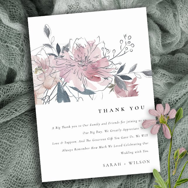 Elegante dusky Blush Wasserfarbe Blumenzwiese Dankeskarte (Von Creator hochgeladen)