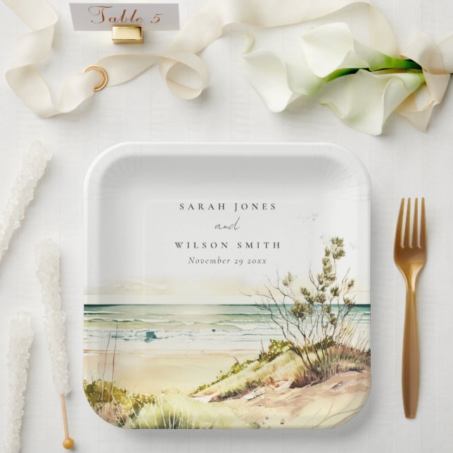 Elegante Dusky Coastal Beach Pappteller (Hochzeit)