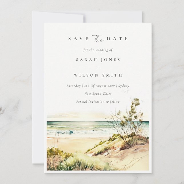 Elegante Dusky Coastal Beach Sand Sun Seascape Save The Date (Vorderseite)