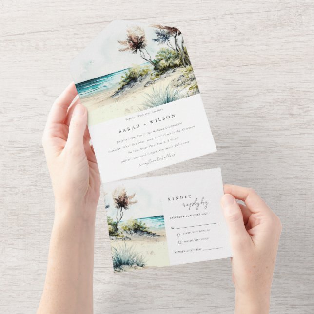 Elegante dusky Coastal Palm Beach Seascape Wedding All In One Einladung (Abreißen)
