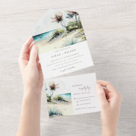 Elegante dusky Coastal Palm Beach Seascape Wedding All In One Einladung