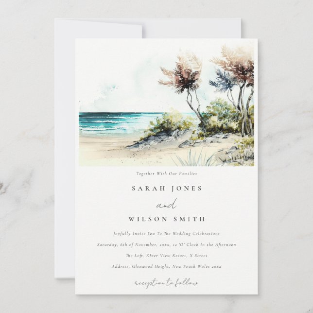 Elegante dusky Coastal Palm Beach Seascape Wedding Einladung (Vorderseite)