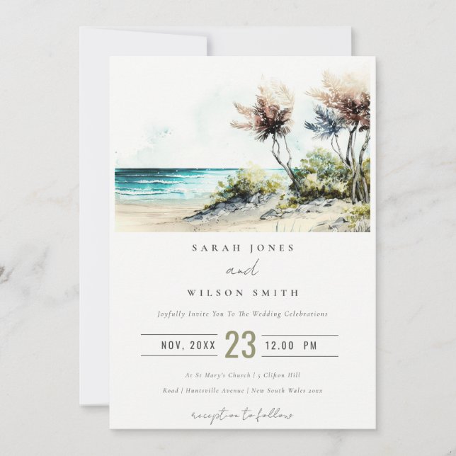 Elegante dusky Coastal Palm Beach Seascape Wedding Einladung (Vorderseite)