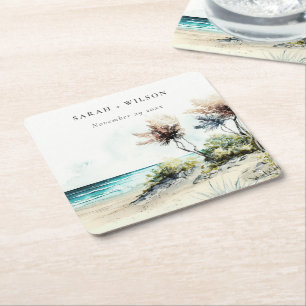 Elegante dusky Coastal Palm Beach Seascape Wedding Rechteckiger Pappuntersetzer