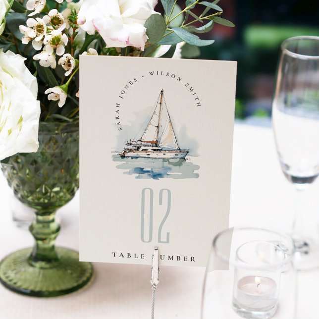 Elegante Dusky Sailboat Seascape Wedding Tischnummer (Von Creator hochgeladen)