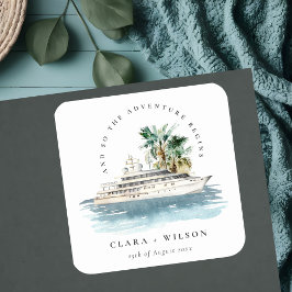 Elegante Dusky Schifffahrt Palm Seascape Hochzeit Quadratischer Aufkleber