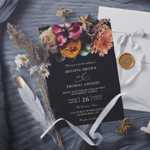 Elegante düstere Blumen-Hochzeit mit Budget-QR-Cod Einladung