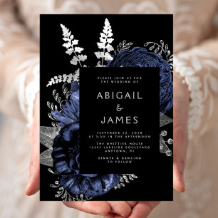 Elegante Düstere Dunkle Florale Navy Blau Silber H Einladung
