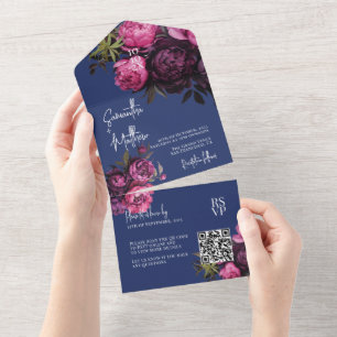 Elegante düstere Floralien Hochzeit in Marineblau All In One Einladung