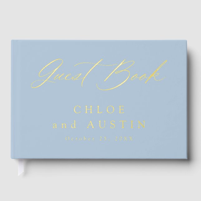 Elegante Dusty Blue and Gold Calligraphy Wedding Gästebuch (Vorderseite)
