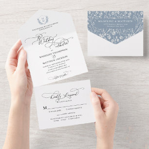 Elegante Dusty Blue Blumenwappen-Monogramm-Hochzei All In One Einladung