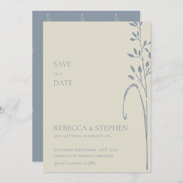 Elegante dusty Blue boho Save the Date Einladung (Vorne/Hinten)