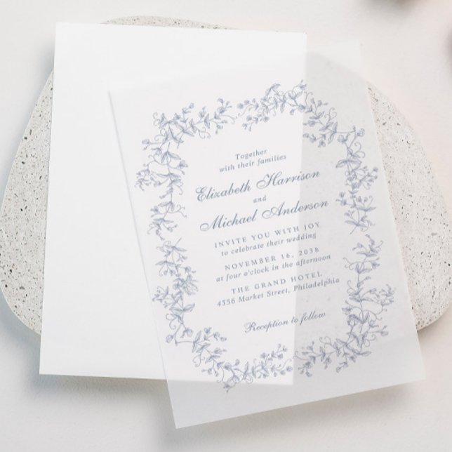 Elegante Dusty Blue Chinoiserie Watercolor Hochzei (Elevate your wedding invitations with the timeless beauty of vellum overlays)