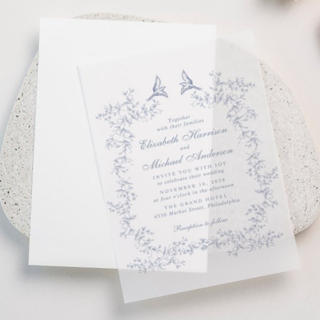 Elegante Dusty Blue Chinoiserie Watercolor Hochzei (Elevate your wedding invitations with the timeless beauty of vellum overlays)