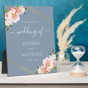 Elegante Dusty Blue Floral Blush Gold Wedding Fotoplatte