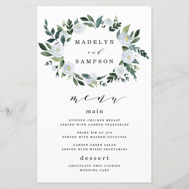 Elegante Dusty Blue Floral Wedding Menu Cards (Vorderseite)