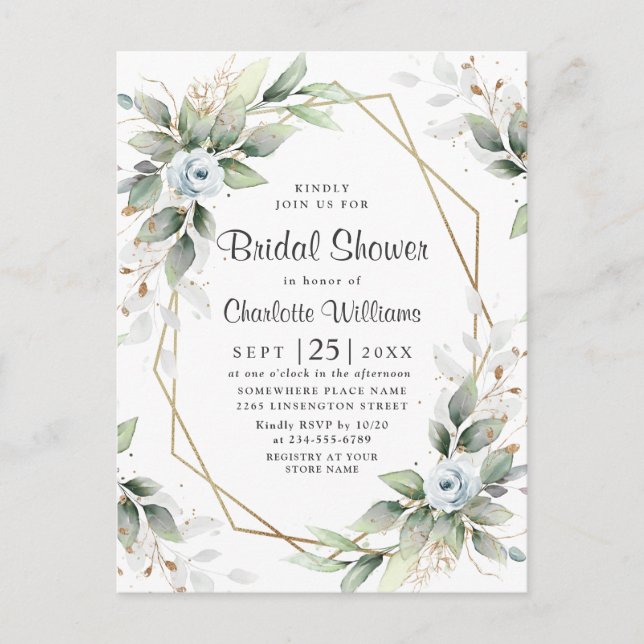 Elegante Dusty Blue Foliage Brautparty Card Postkarte (Vorderseite)