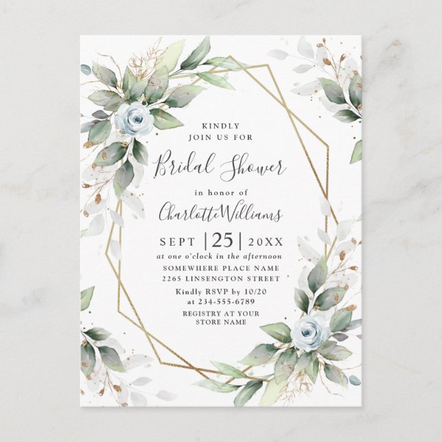 Elegante Dusty Blue Foliage Brautparty Card Postkarte (Vorderseite)