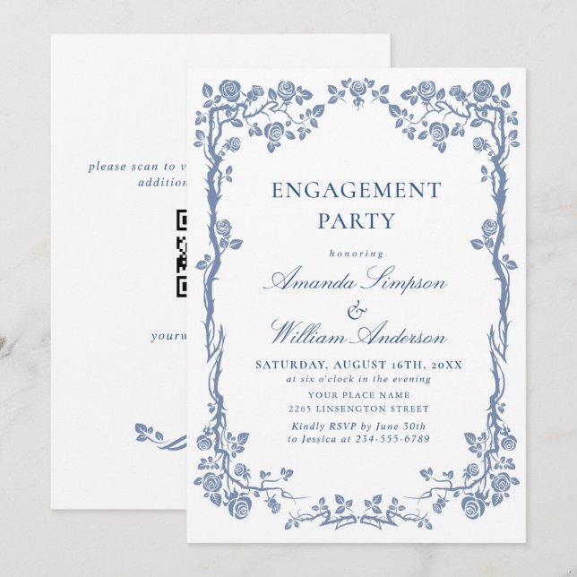 Elegante Dusty Blue French Garden ENGAGEMENT PARTY Einladung (Vorne/Hinten)