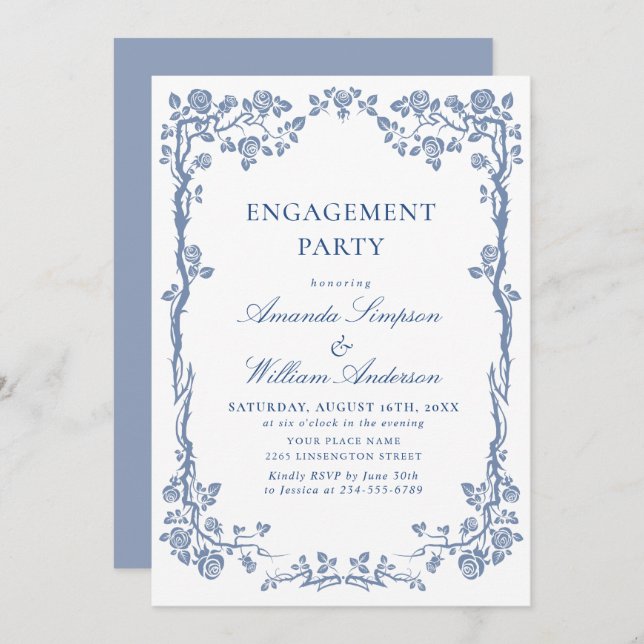Elegante Dusty Blue French Garden ENGAGEMENT PARTY Einladung (Vorne/Hinten)