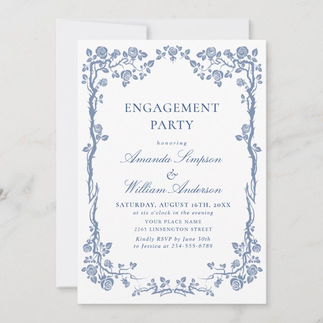 Elegante Dusty Blue French Garden ENGAGEMENT PARTY Einladung (Vorderseite)