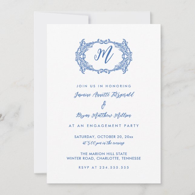 Elegante Dusty Blue French Wappen Engagement Party Einladung (Vorderseite)