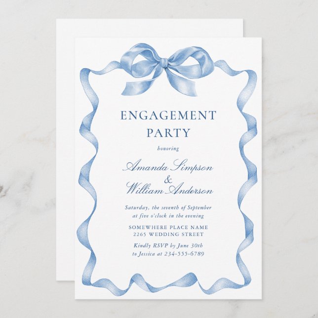 Elegante Dusty Blue Hand Drawn Bow Engagement Part Einladung (Vorne/Hinten)