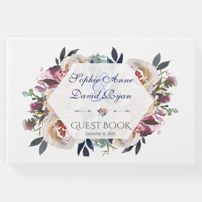 Elegante dusty Blue Pink Floral Geometric Wedding Gästebuch (Vorderseite)