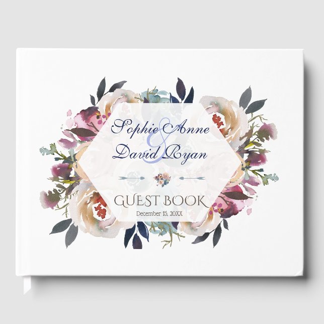 Elegante dusty Blue Pink Floral Geometric Wedding Gästebuch (Vorderseite)