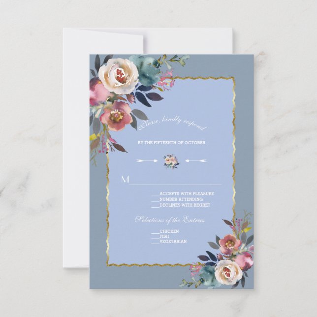 Elegante Dusty Blue Pink Floral Gold Frame Wedding RSVP Karte (Vorderseite)