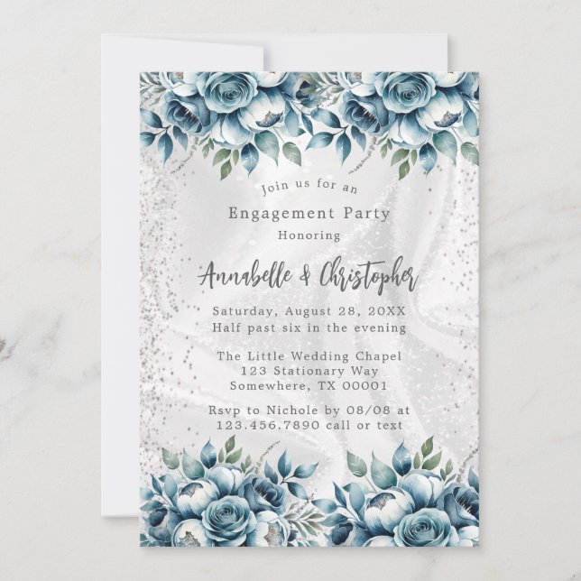 Elegante Dusty Blue Silver Rose Engagement Party Einladung (Vorderseite)