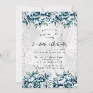 Elegante Dusty Blue Silver Rose Engagement Party Einladung