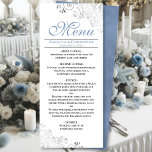 Elegante Dusty Blue Silver Wirbel auf White Weddin Menükarte<br><div class="desc">Dieses schöne Menü wird Ihrem Hochzeitsempfang etwas mehr Stil verleihen. Es zeichnet sich durch ein wunderschönes Design aus, mit verzierten silbergrauen Imitaten und Wirbel auf einem klassischen, weißen Hintergrund mit staubblauen Texten und einem staubblauen Rücken aus Marmor. Es gibt Platz für die Namen des Paares und das Hochzeitstag, und der...</div>