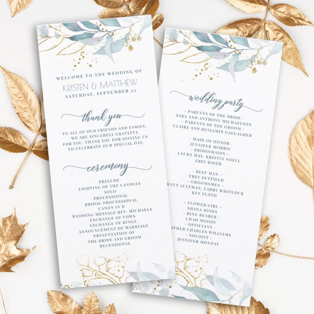Elegante Dusty Blue Watercolor Floral Gold Wedding (Elegant dusty blue greenery with gold accent makes this the perfect program for your boho wedding)