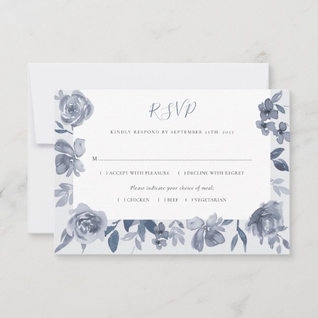 Elegante Dusty Gray Watercolor Blumenhochzeit RSVP Karte (Vorderseite)