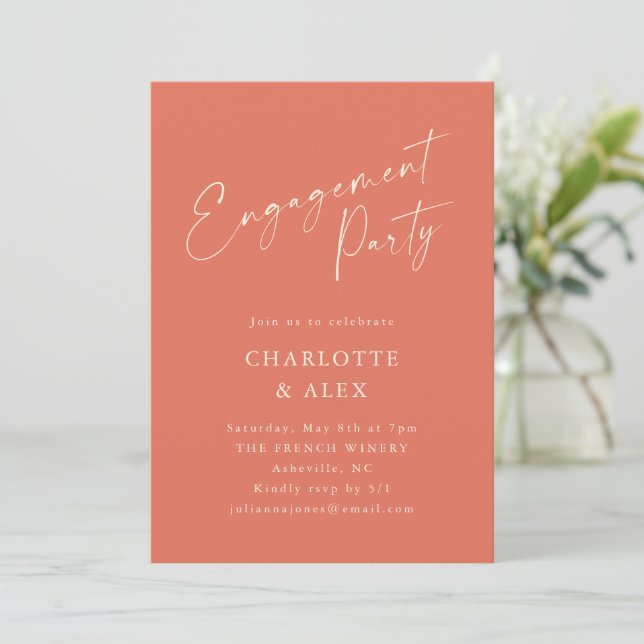 Elegante Dusty Orange Script Engagement Party Einladung (Stehend Vorderseite)