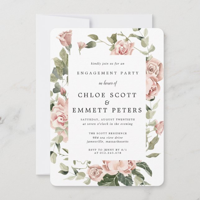 Elegante Dusty Pink Rose Floral Engagement Party Einladung (Vorderseite)