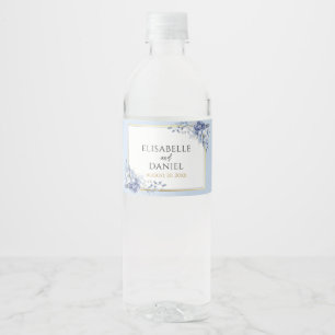 Elegante Dusty Powder Blue and Gold Floral Wedding Wasserflaschenetikett