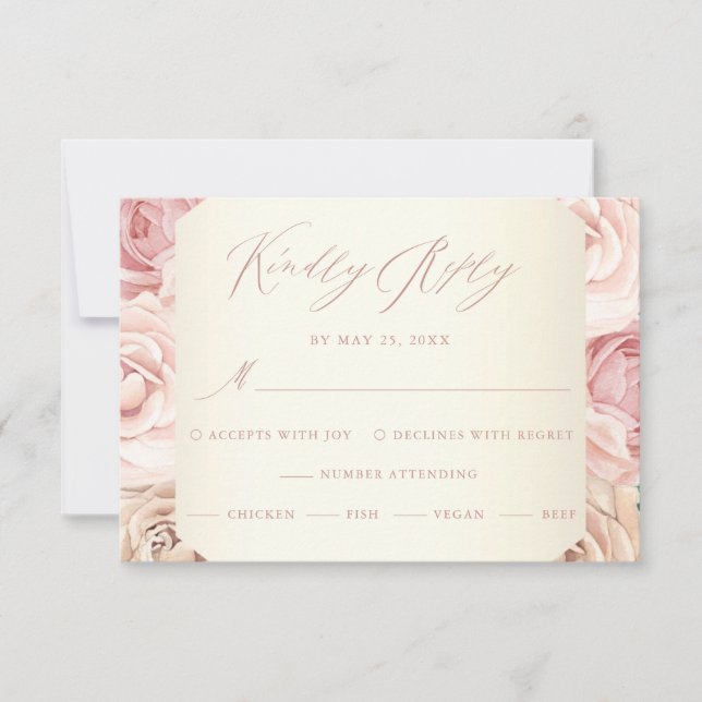 Elegante Dusty Rose Blumenkalligrafie Hochzeit RSVP Karte (Vorderseite)