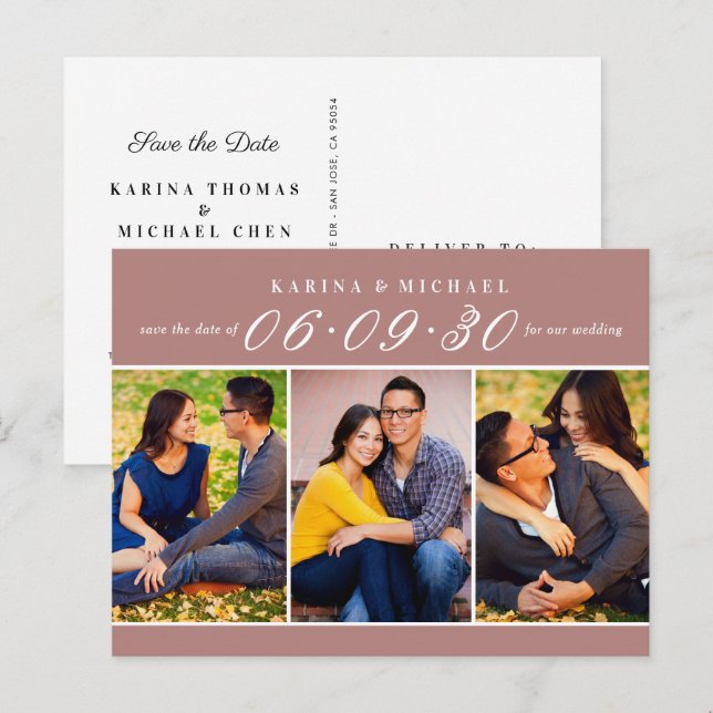 Elegante Dusty Rose FotoCollage Save the Date Ankündigungspostkarte (Vorne/Hinten)