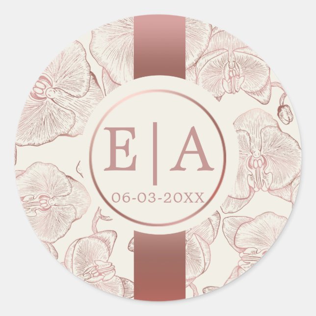 Elegante Dusty Rose Orchid Monogram Wedding Runder Aufkleber (Vorderseite)