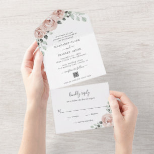 Elegante Dusty Rose Pink Floral QR Code Hochzeit All In One Einladung