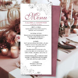 Elegante Dusty Rose Silver Wirbel auf White Weddin Menükarte<br><div class="desc">Dieses schöne Menü wird Ihrem Hochzeitsempfang etwas mehr Stil verleihen. Es zeichnet sich durch ein wunderschönes Design aus, mit verzierten silbergrauen Imitaten und Wirbel auf klassisch weißem Hintergrund, mit staubigen Rose oder violett rosa Farbtexten und einem marmorierten Rücken. Es gibt Platz für die Namen des Paares und das Hochzeitstag, und...</div>