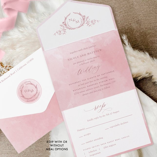 Elegante Dusty Rose Wasserfarbenmonogramm Hochzeit All In One Einladung (Von Creator hochgeladen)