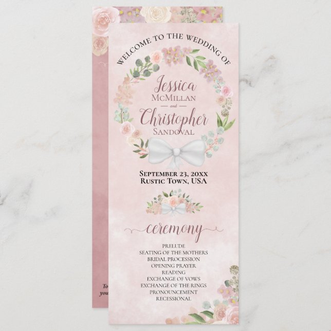 Elegante Dusty Rose Watercolor Wreath Wedding Programm (Vorne/Hinten)