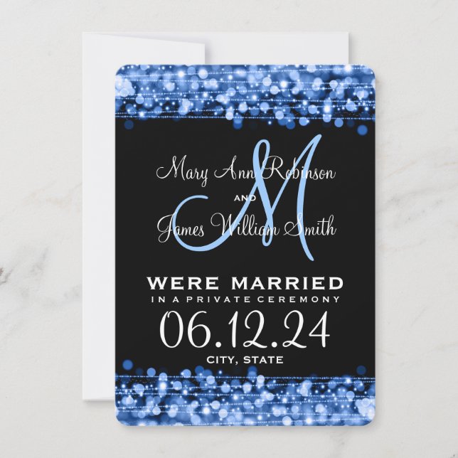 Elegante Ehe Elopement Glitzern Blau Ankündigung (Vorderseite)