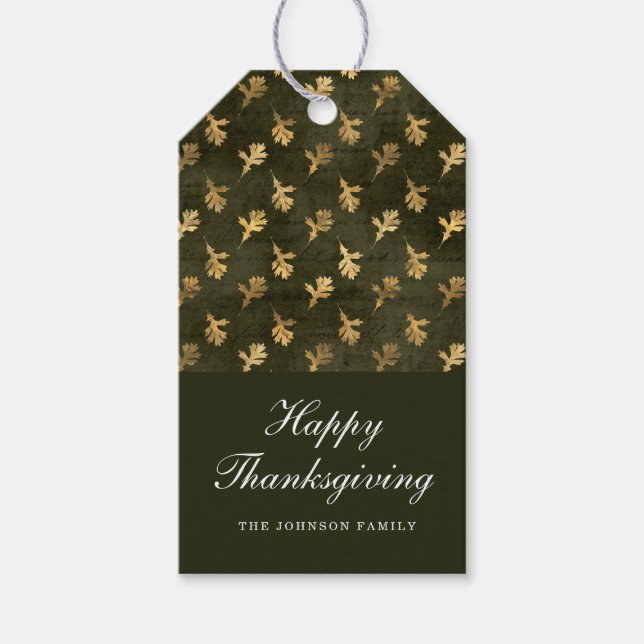 Elegante Eichenblätter Grüne Thanksgiving Geschenkanhänger (Vorderseite)