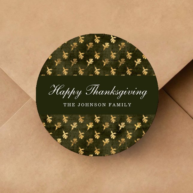 Elegante Eichenblätter Grüne Thanksgiving Runder Aufkleber (Elegant Oak Leaves Green Thanksgiving Classic Round Sticker)