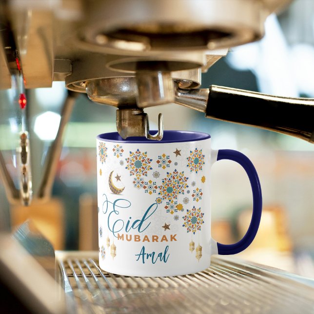 Elegante Eid Mubarak Kalligrafie Mond Sterne Benut Tasse (eid mubarak mugs eid al fitr arabic calligraphy ramadan muslim islamic arabic gold blue moon stars )